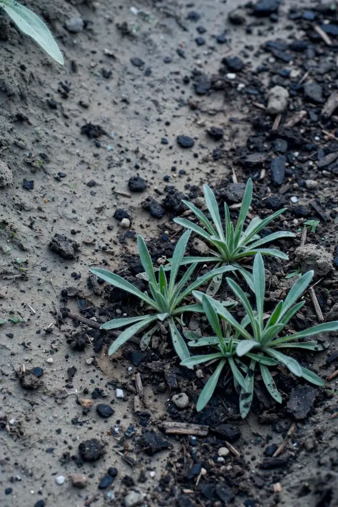 Thin layer of composted manure spread around isabgol plants