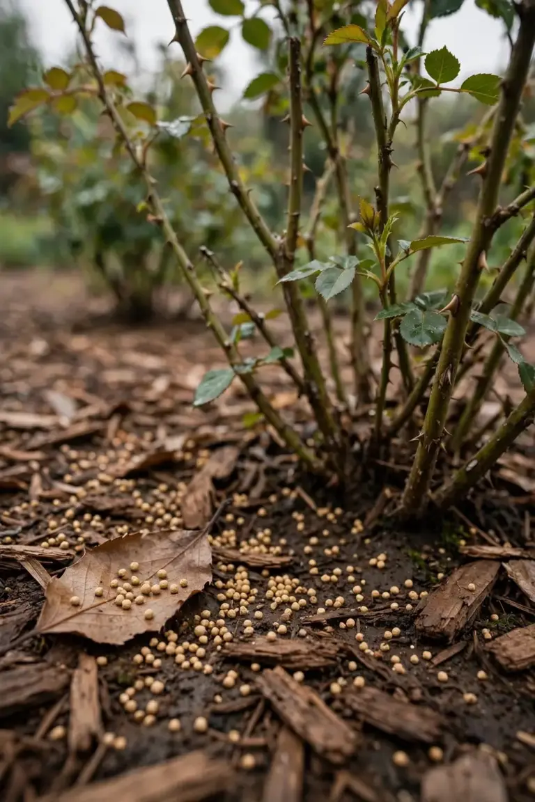 Rose fertilizer granules scattered on mulch around the base of a rose bush