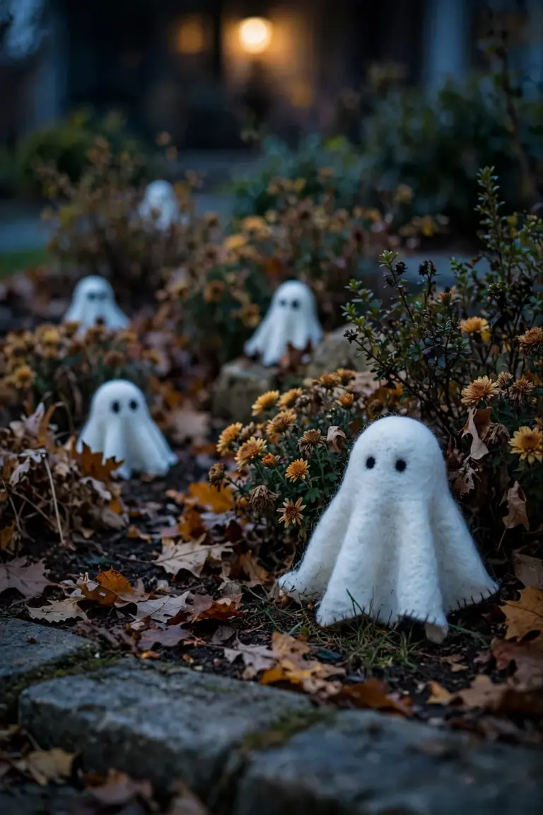 White felt ghosts hidden among shrubs and mums in a garden bed at dusk for a children's hunt
