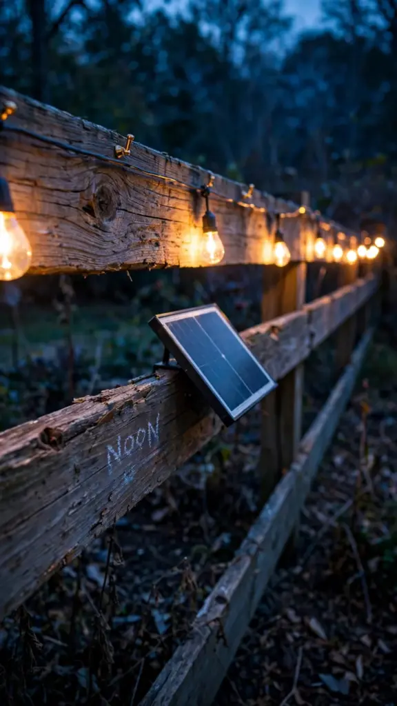 Solar string lights on the top rail of a fence glowing at dusk