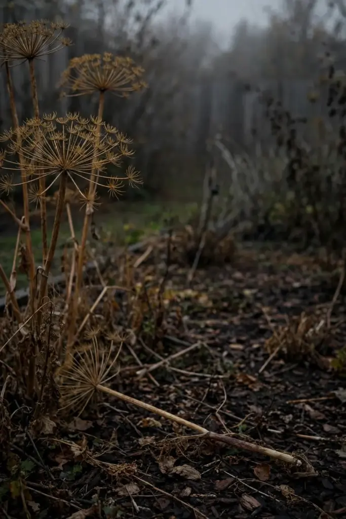 A fennel bed at season end with seed heads standing in fading light