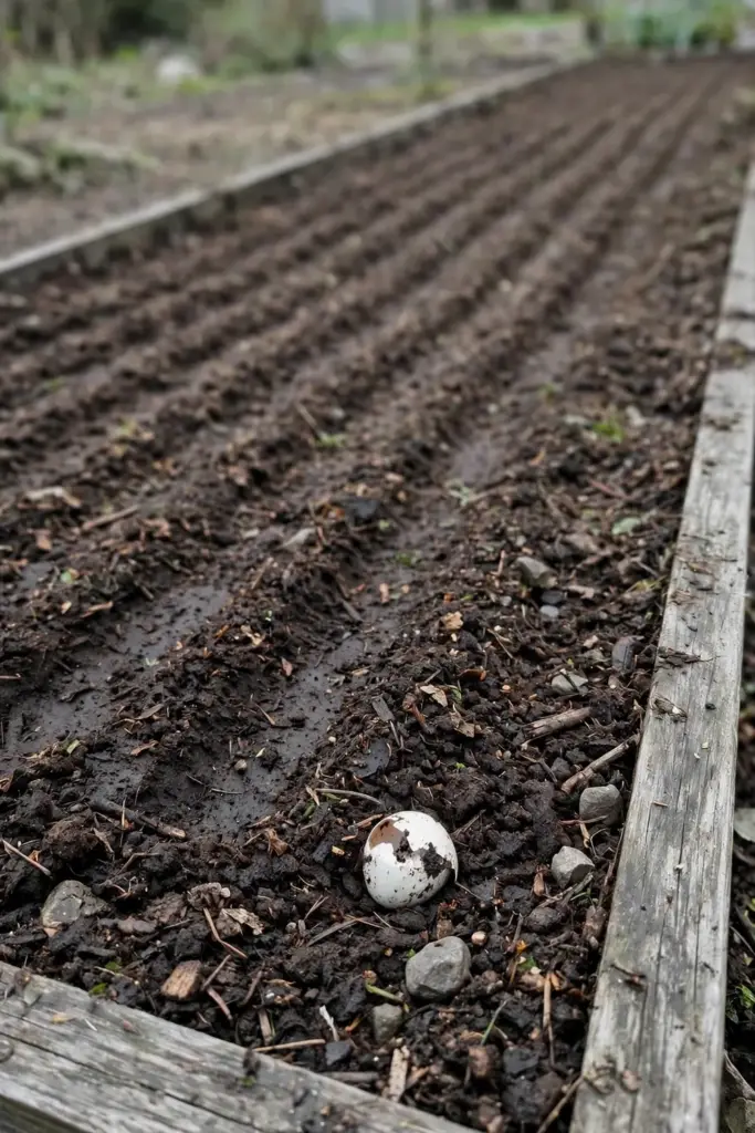 Freshly loosened garden bed with compost worked into dark soil