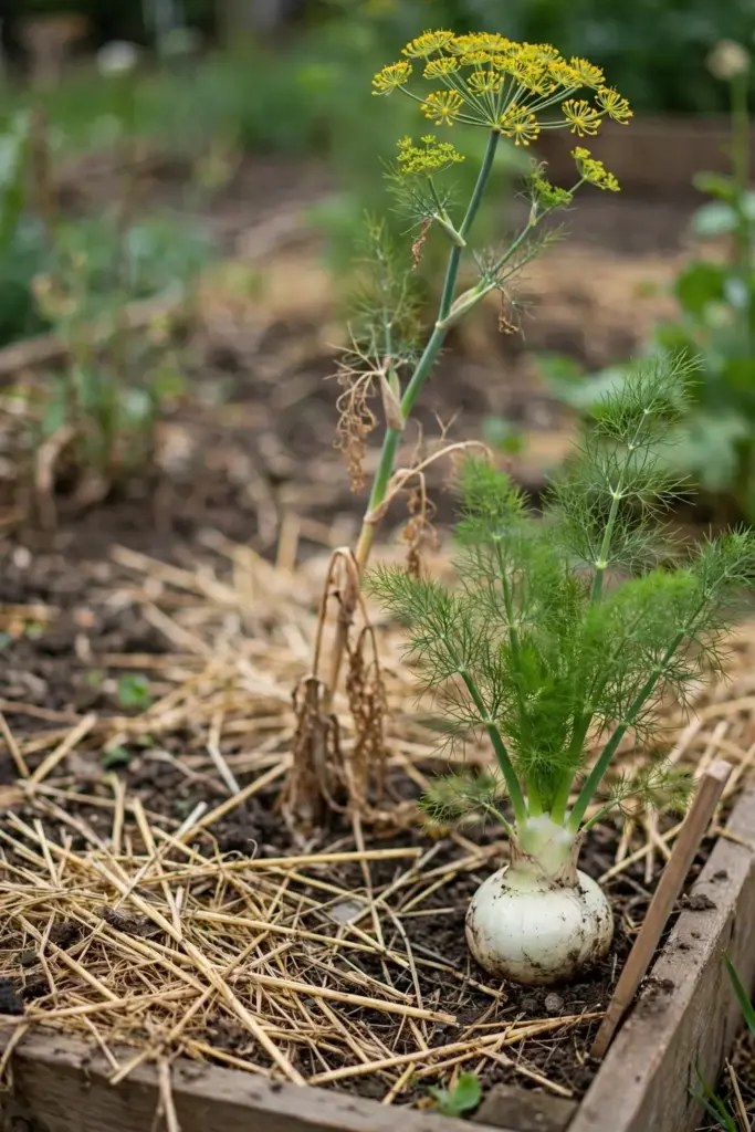 A bolted fennel with flower stalk beside a healthy plant with a round bulb