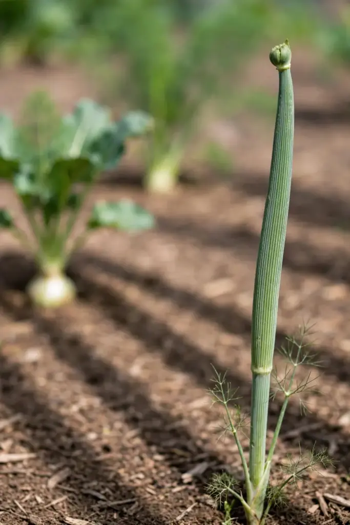 A fennel plant sending up a tall flower stalk instead of swelling a bulb