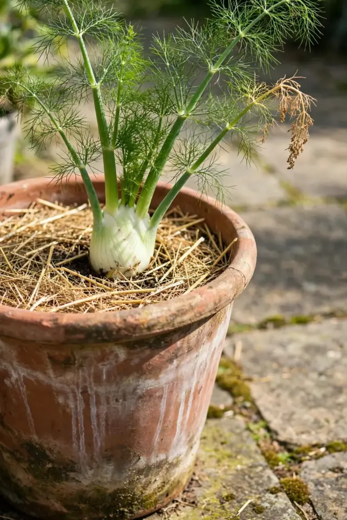 Florence fennel growing in a large terracotta pot on a sunny patio