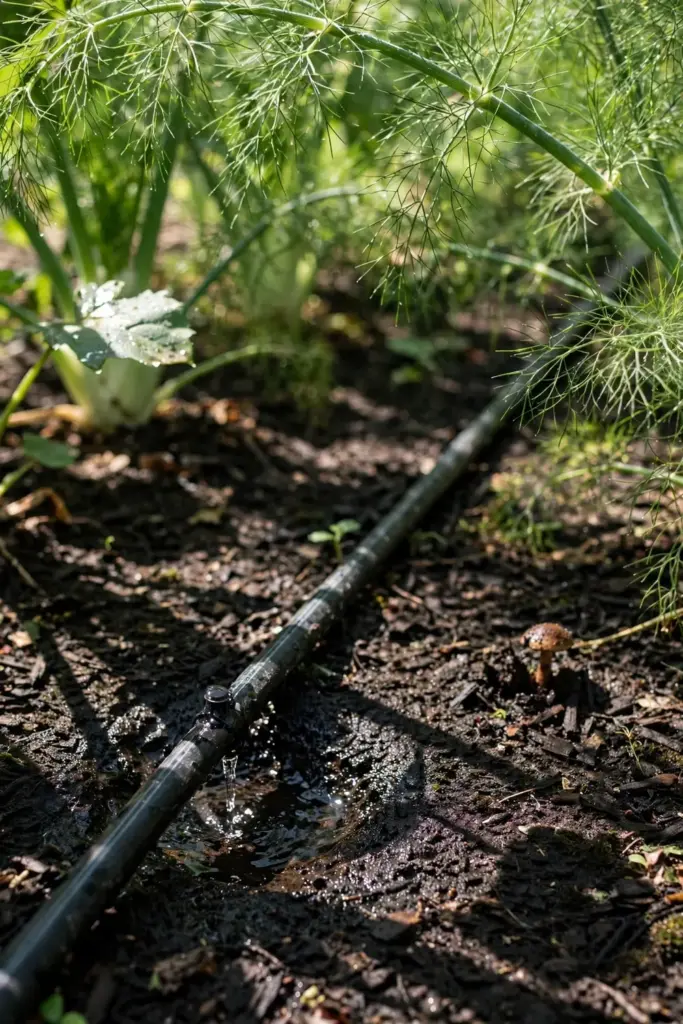 A drip line watering a mulched fennel row under dappled light