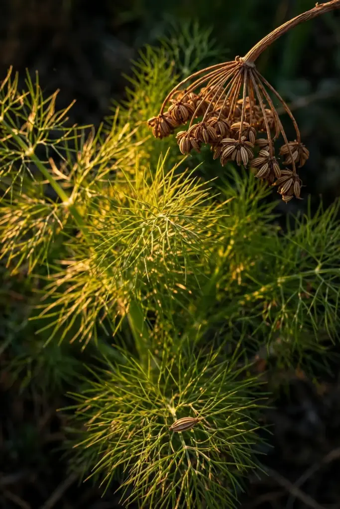 Close-up of feathery fennel foliage with drying seed umbels