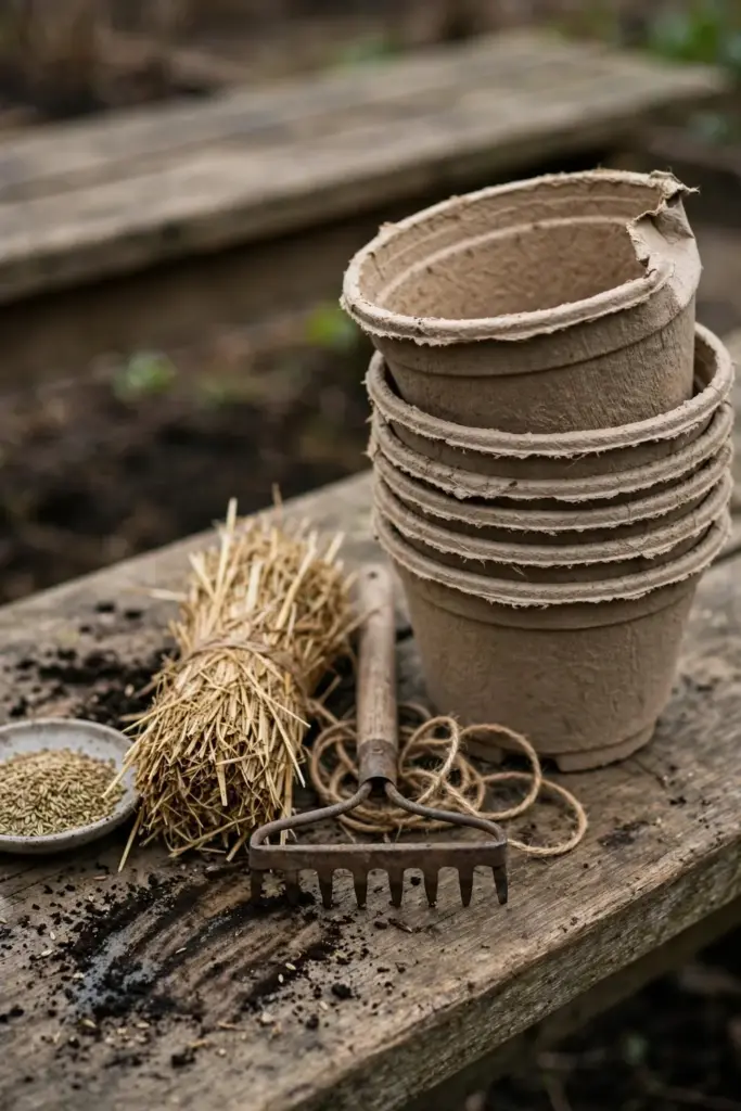 Compostable pots, a rake, mulch, and seed laid out for planting fennel