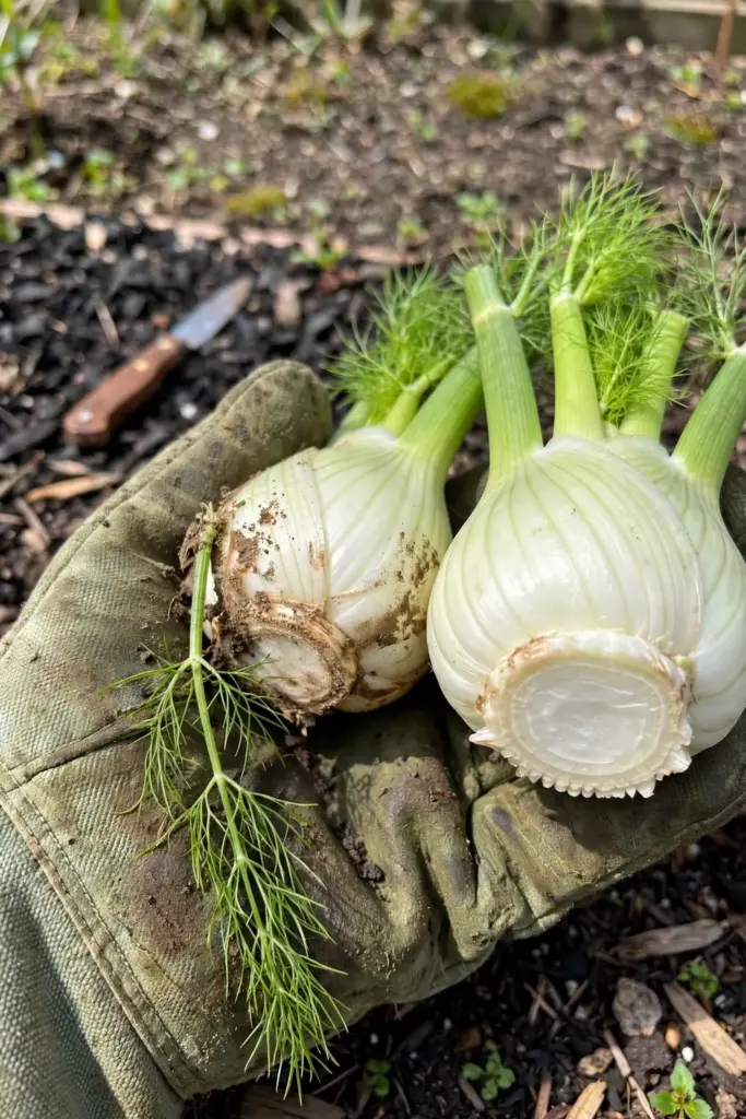 Freshly cut Florence fennel bulbs with fronds held in a gardener's worn mitt