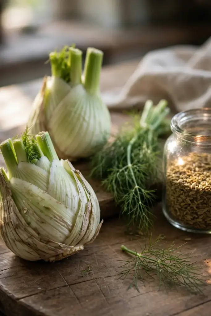 Fennel bulbs, fresh fronds, and a jar of fennel seeds on a kitchen table