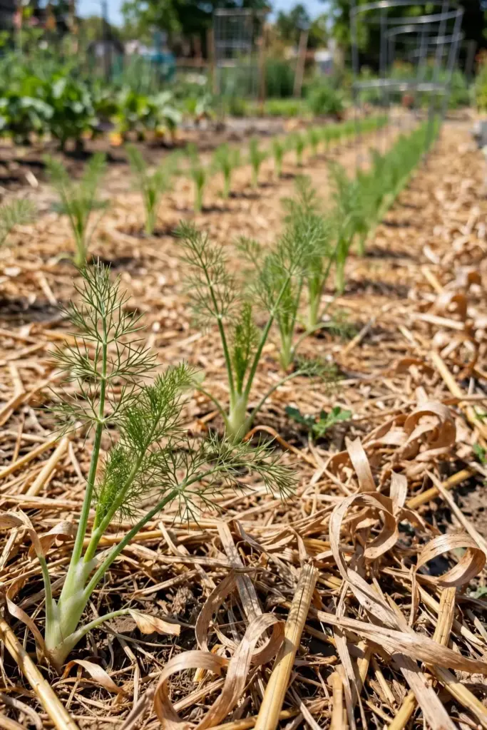 Young fennel seedlings in a mulched summer row sown for fall harvest
