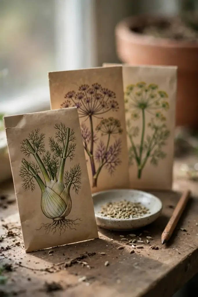 Seed packets for herb fennel and Florence fennel cultivars on a potting bench