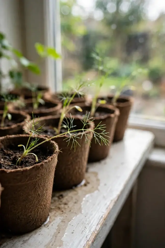 Fennel seedlings sprouting in compostable fiber pots on a windowsill