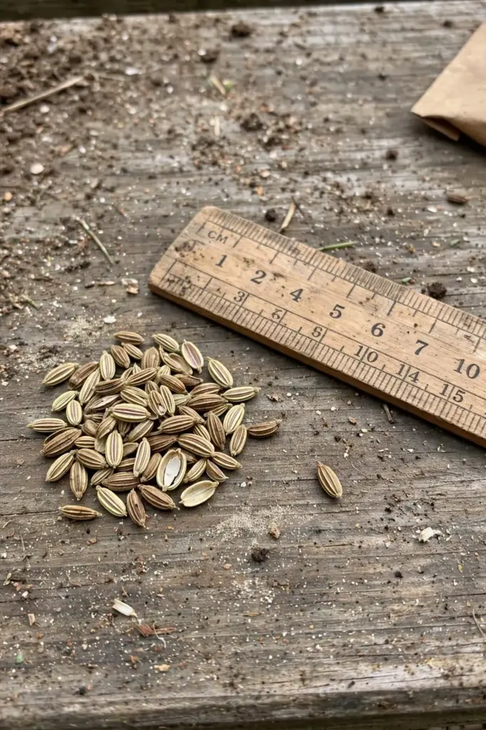 Fennel seeds scattered beside a ruler showing their small ridged size