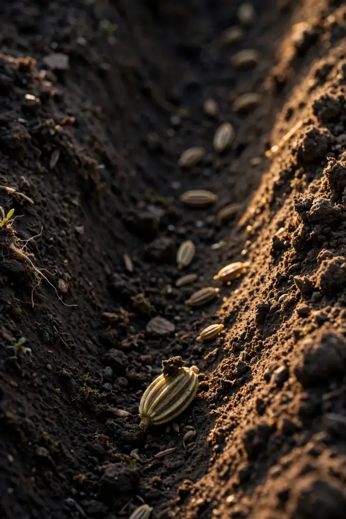 Macro of fennel seeds resting in a shallow soil furrow