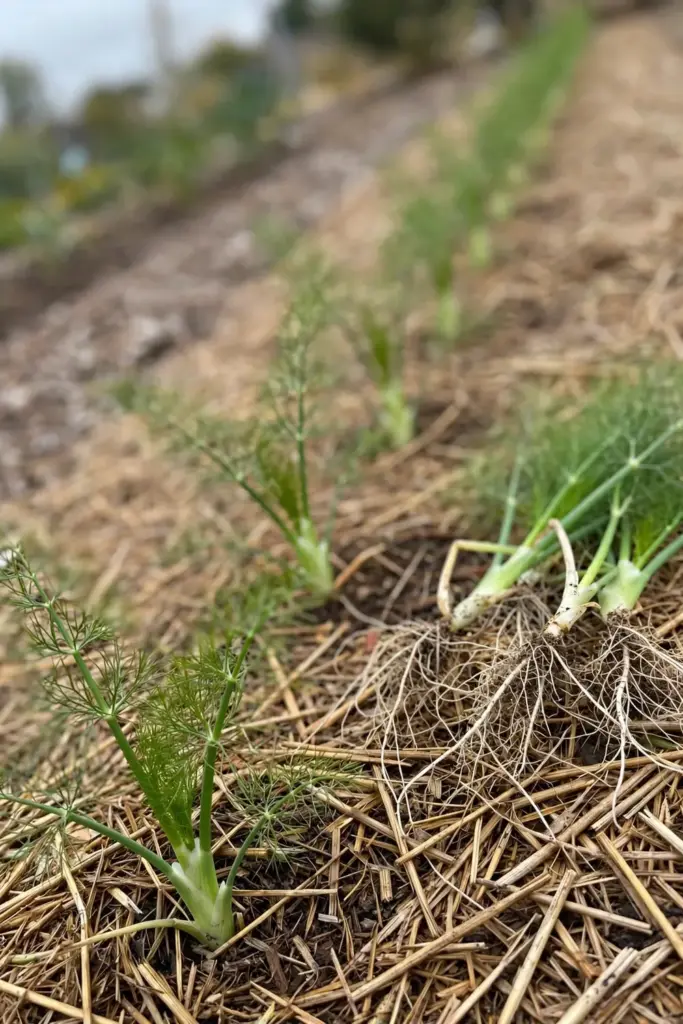 A thinned fennel row with pulled seedlings laid beside it