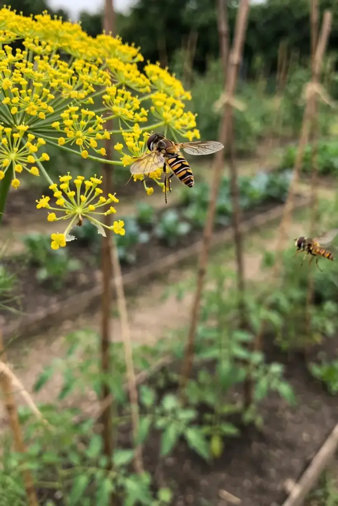 Yellow fennel umbel flowers with a hoverfly visiting in a vegetable garden