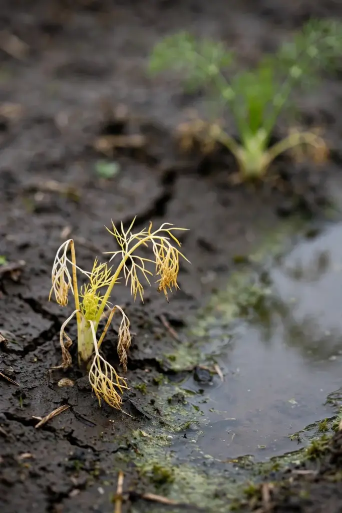A yellowing stunted fennel seedling in waterlogged soil