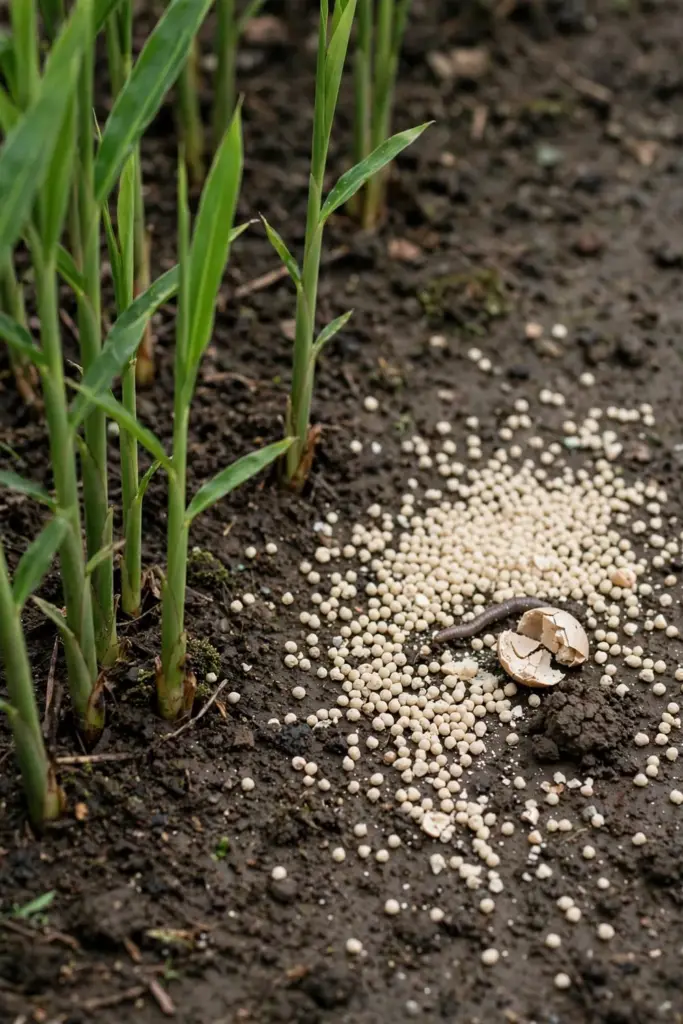 Fertilizer granules scattered thinly on soil around galangal shoots