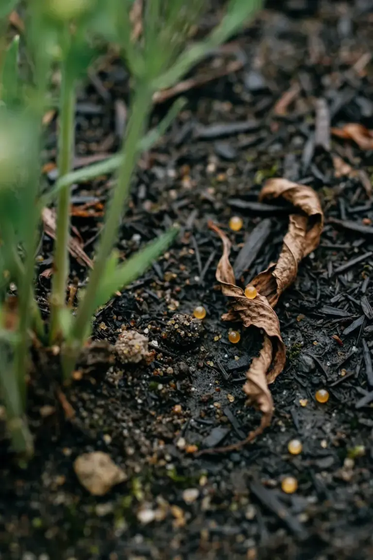 Slow-release fertilizer granules scattered on mulch near an alstroemeria crown