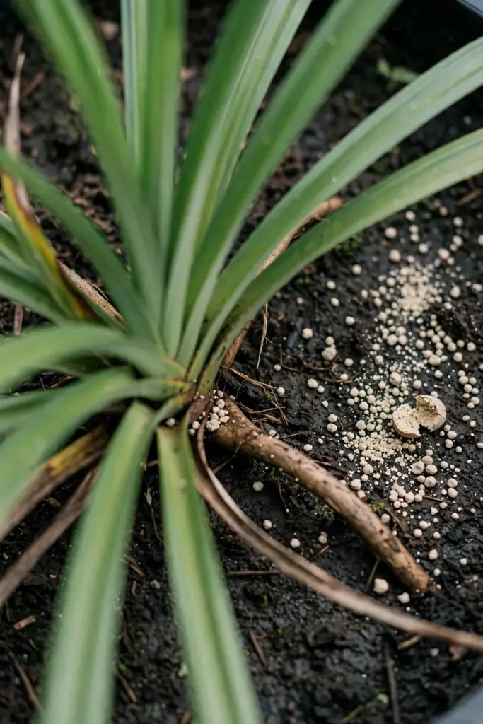 Fertilizer granules scattered on soil around a pandan plant