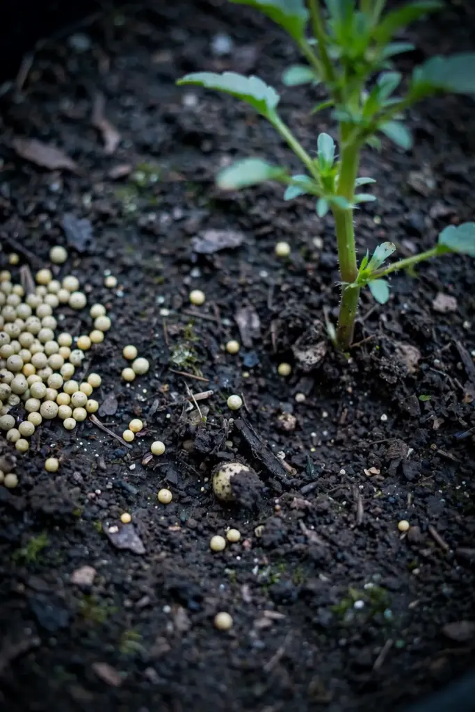 Slow-release fertilizer granules at the base of a pansy