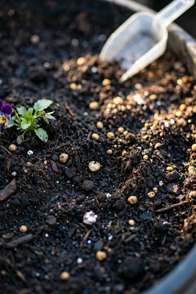 Slow-release fertilizer granules scattered on potting mix surface