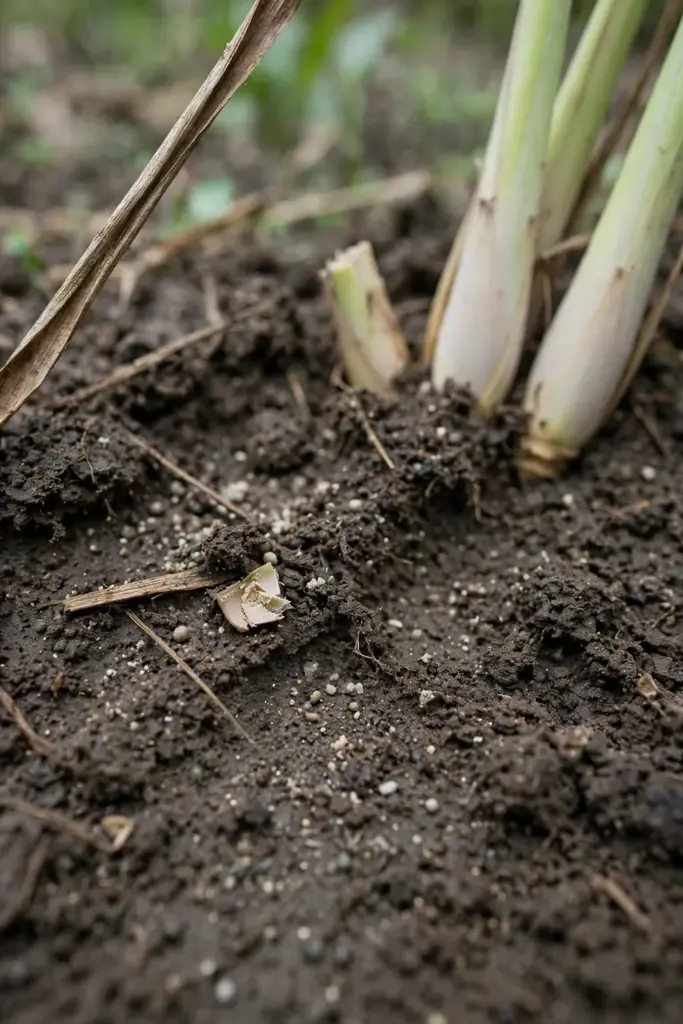 Fertilizer granules scattered thinly on soil around lemongrass stalks