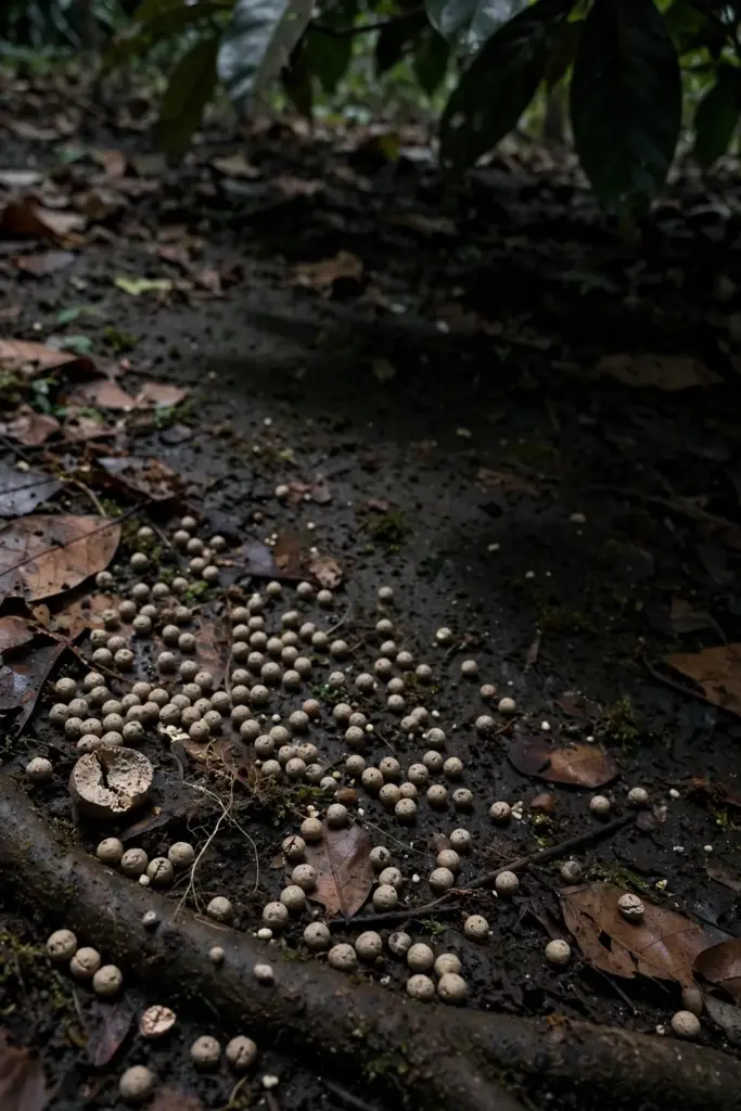 Fertilizer granules scattered in a ring under a nutmeg tree