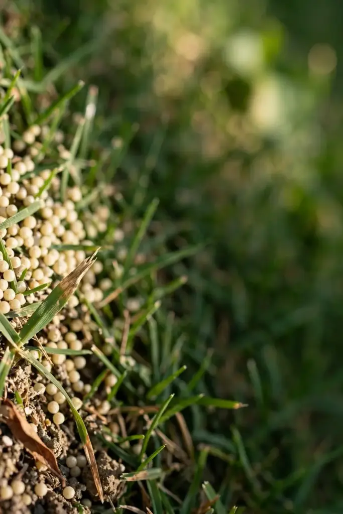 Pale fertilizer granules resting on short green grass blades over thatch.