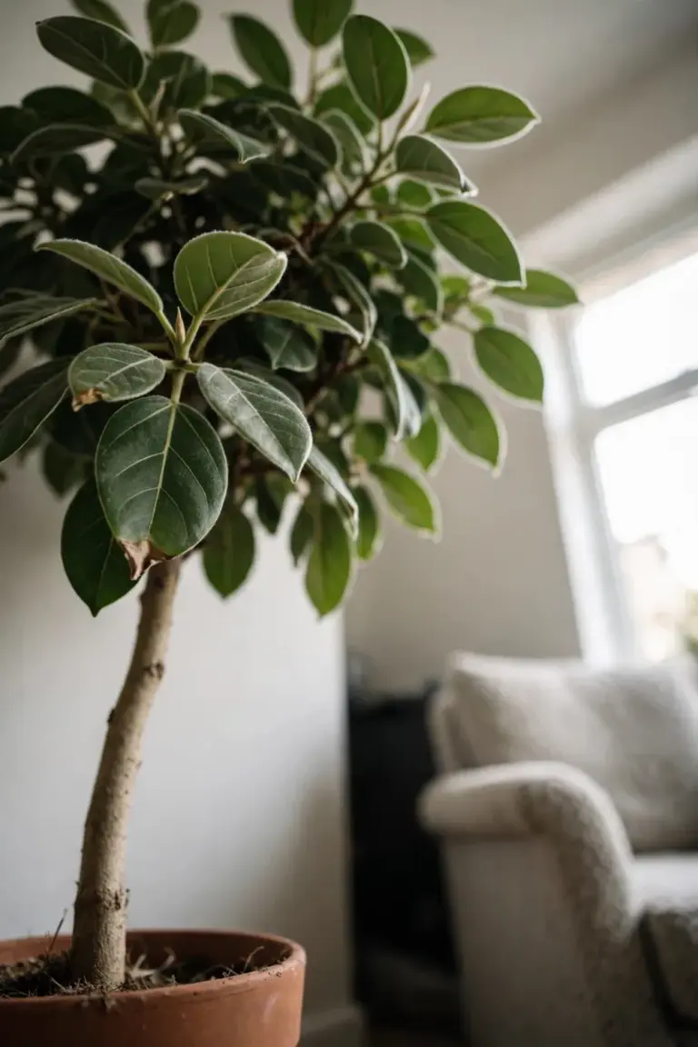 Ficus Audrey tree with oval veined leaves in a terracotta pot