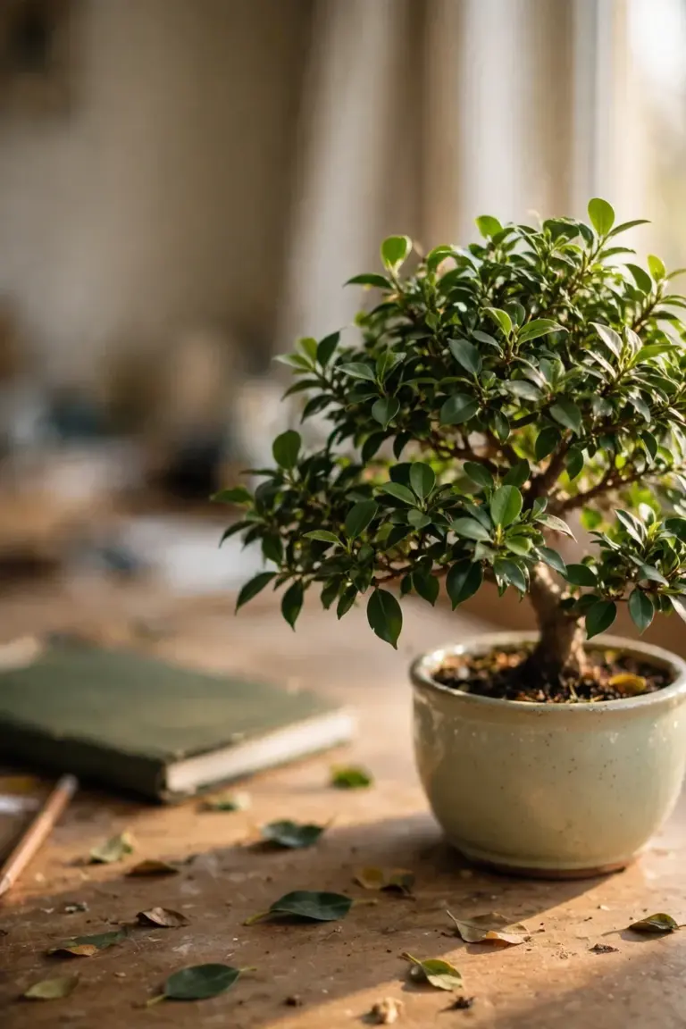 Ficus bonsai on a home desk beside a notebook with soft window light