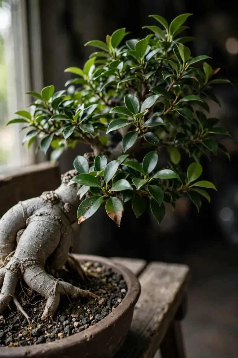 Ficus microcarpa bonsai with swollen trunk and dense glossy canopy in a clay pot