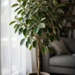 Tall Ficus Audrey tree in a ceramic pot beside a bright living room window