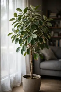 Tall Ficus Audrey tree in a ceramic pot beside a bright living room window