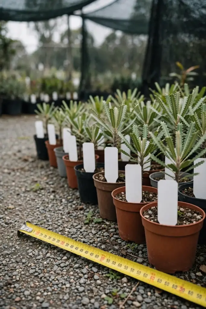 Potted banksia plants in a nursery row with labels and a tape measure on the ground