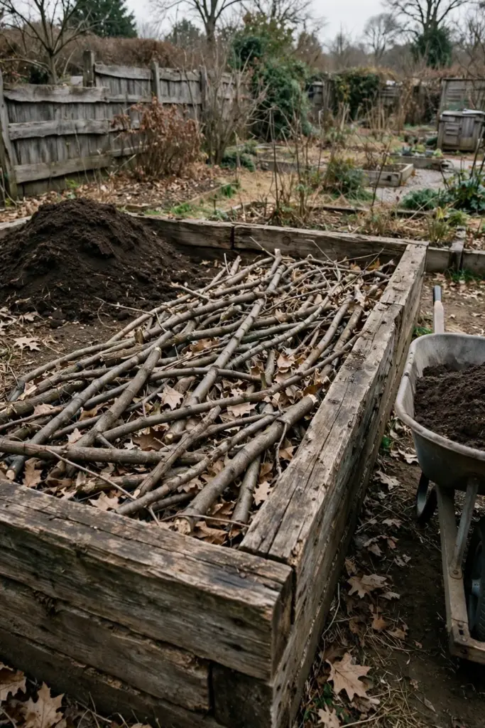 Deep raised bed with woody branches in the base layer and dark soil on top