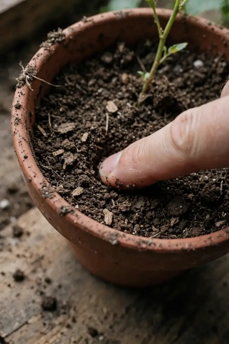 Finger pressed into potting mix to check moisture