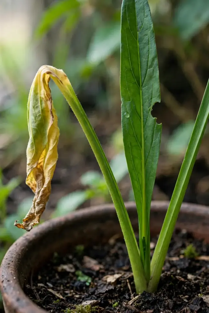 Fingerroot leaf yellowing from cold with a healthy leaf beside it