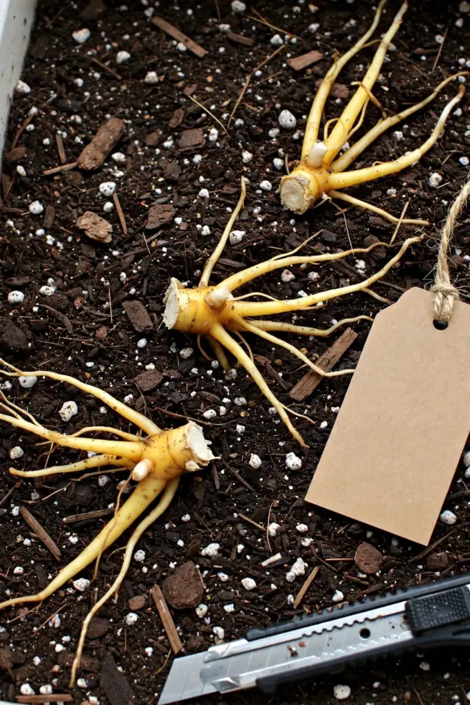 Divided fingerroot rhizome sections with eyes on fresh soil