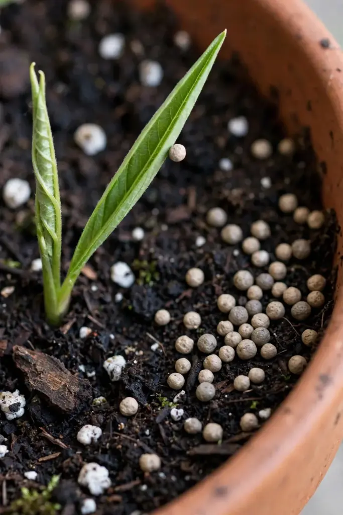 Balanced fertilizer granules scattered on fingerroot pot soil