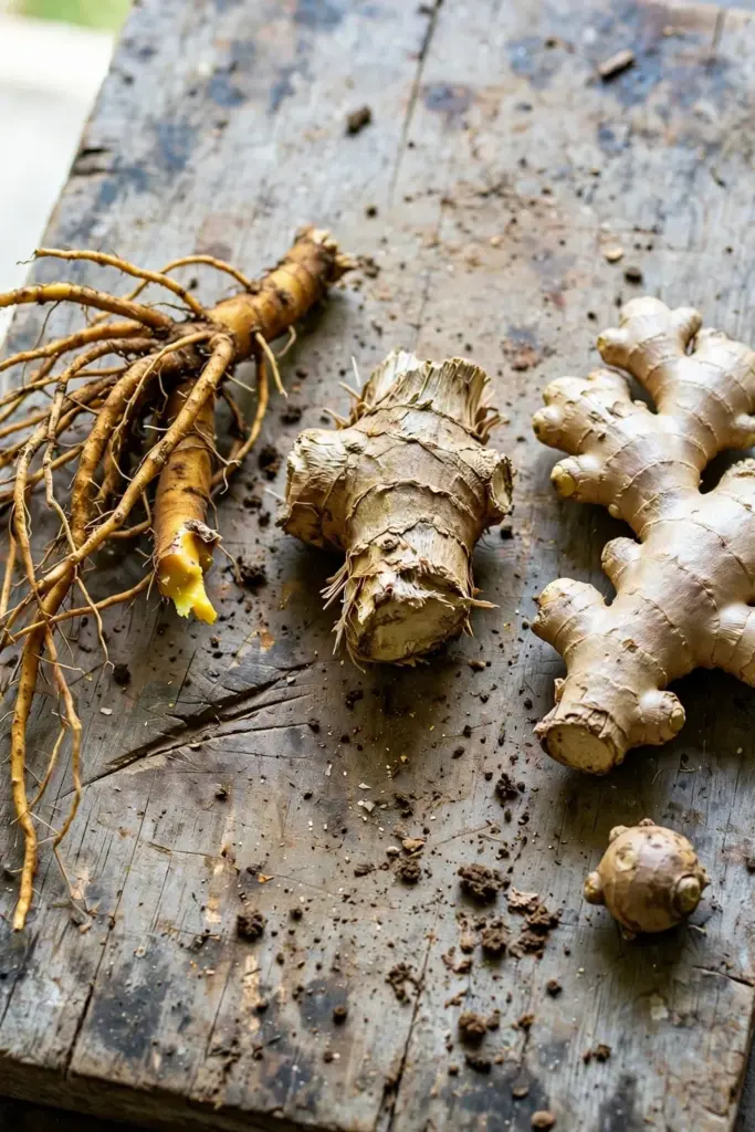 Fingerroot fingers beside knobby ginger and galangal rhizomes on a board
