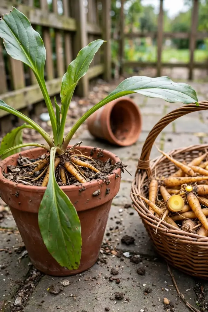 Mature fingerroot clump in a pot with harvested roots in a basket