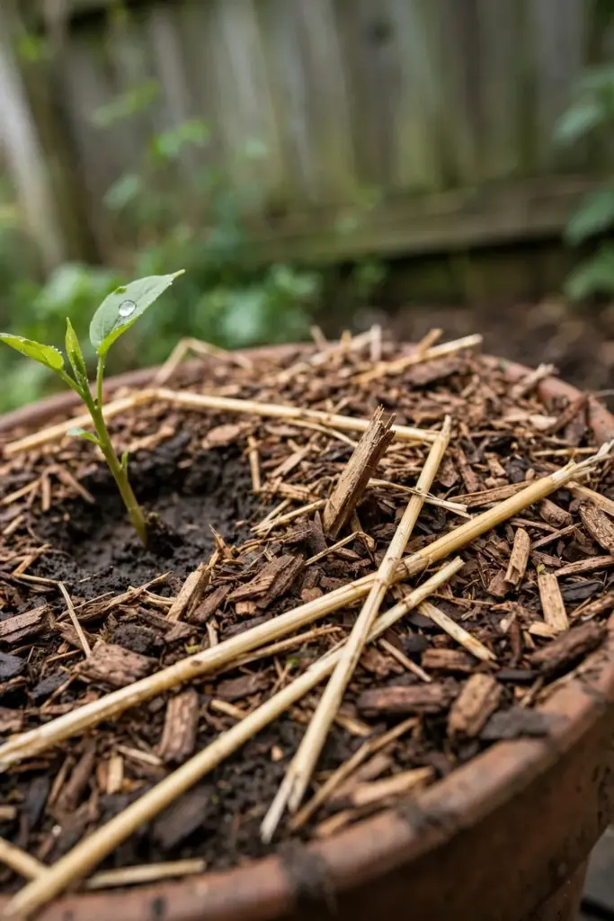 Mulch layer of bark and straw around a fingerroot shoot base