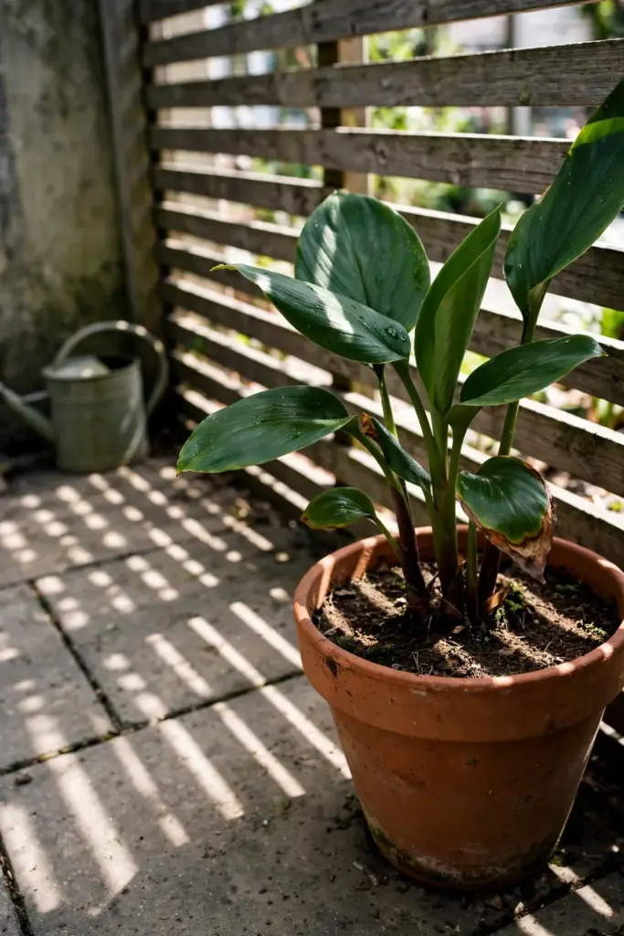 Potted fingerroot on a patio in morning sun with fence shade behind