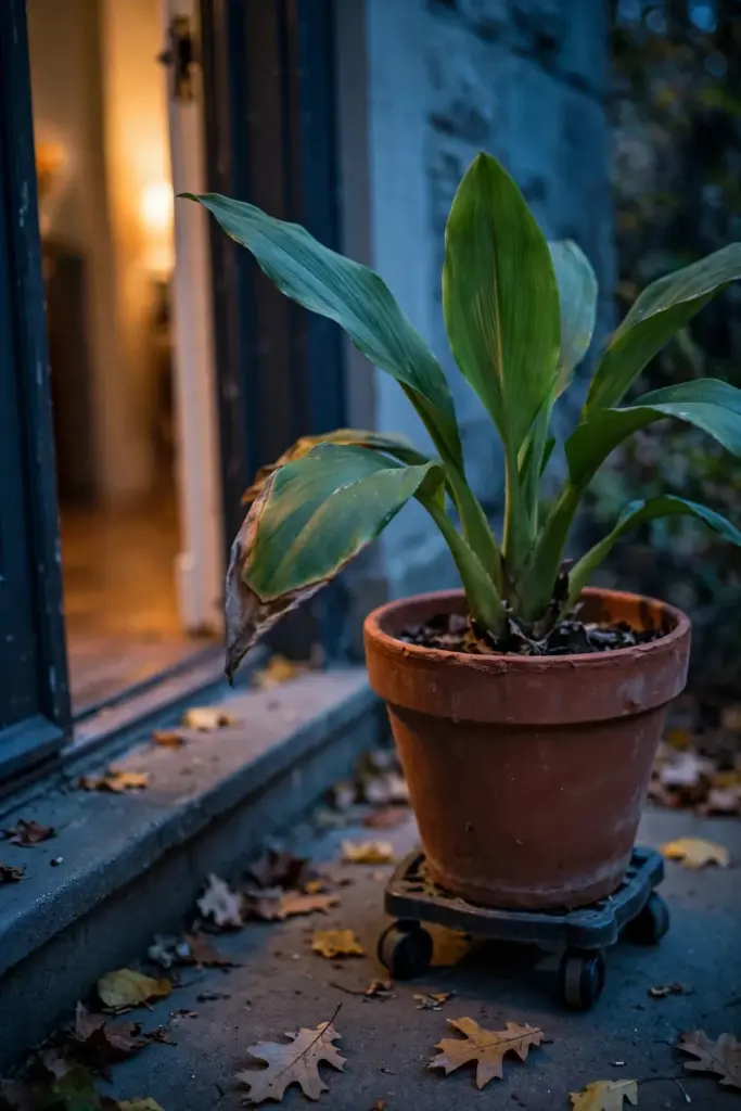 Potted fingerroot on a doorstep at dusk before moving indoors