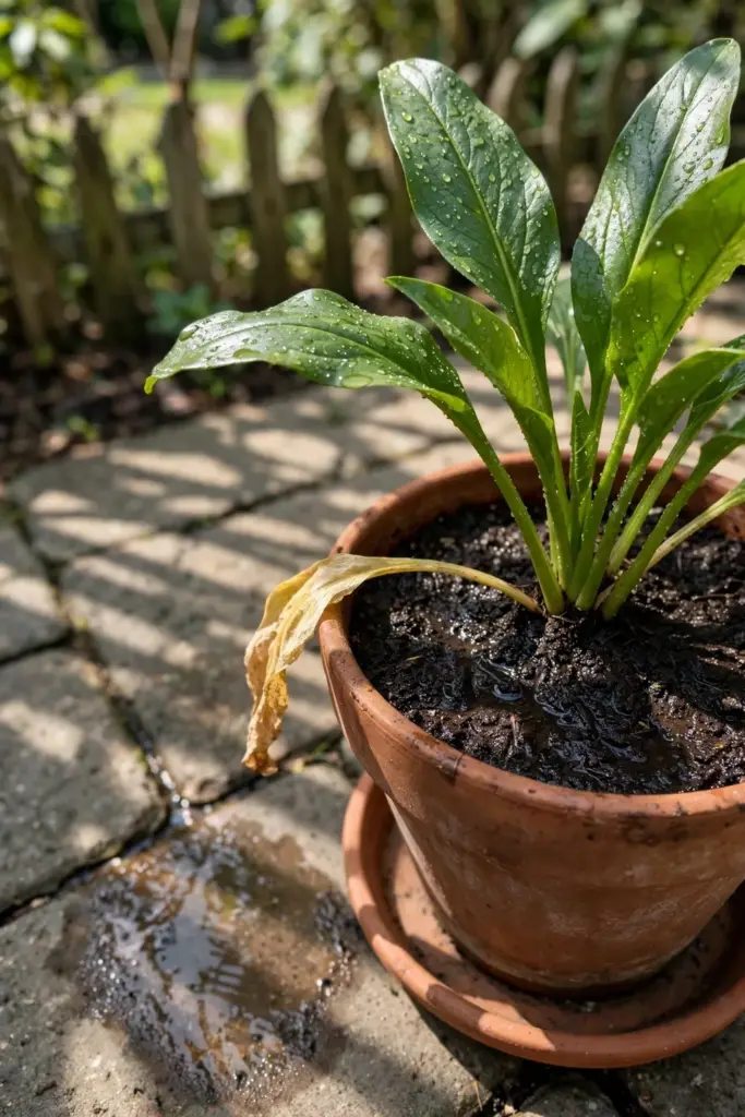 Fingerroot pot with evenly moist dark soil after watering