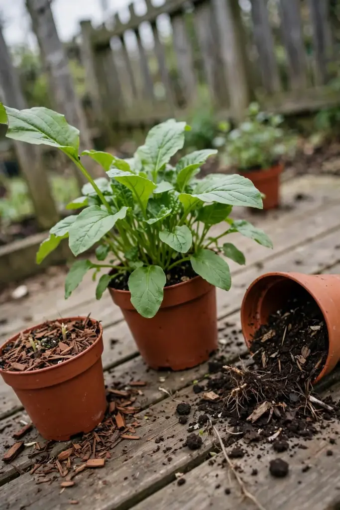 Three fingerroot pots at different growth stages on a patio