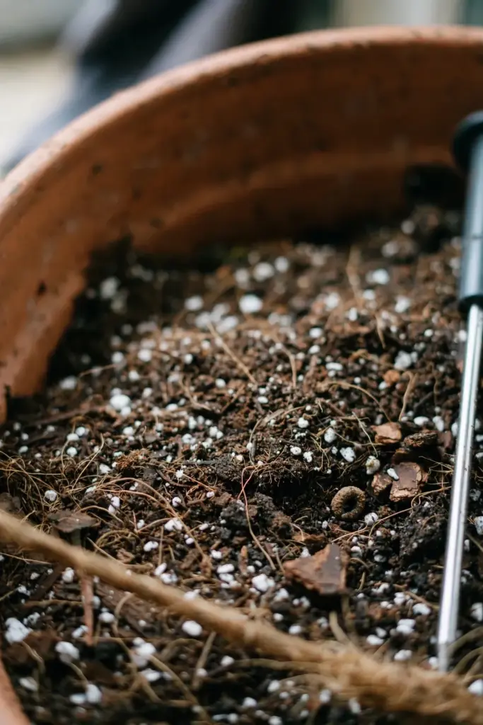 Humus-rich potting mix with perlite flecks and coir in a pot