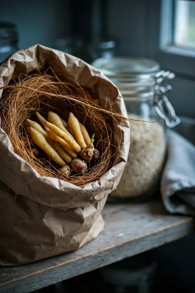 Fingerroot mother rhizomes stored in a paper bag with dry coir